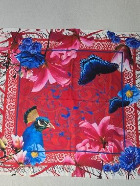 Vittani Vibrant Red Floral & Peacock Silk Scarf 35x34